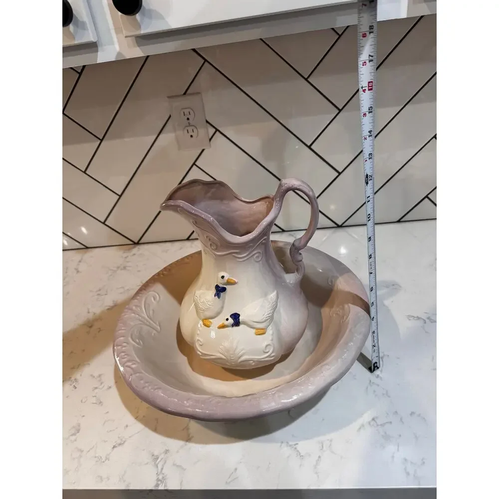 Ceramic goose pitcher & basin embossed geese floral scrollwork purple ombre rim